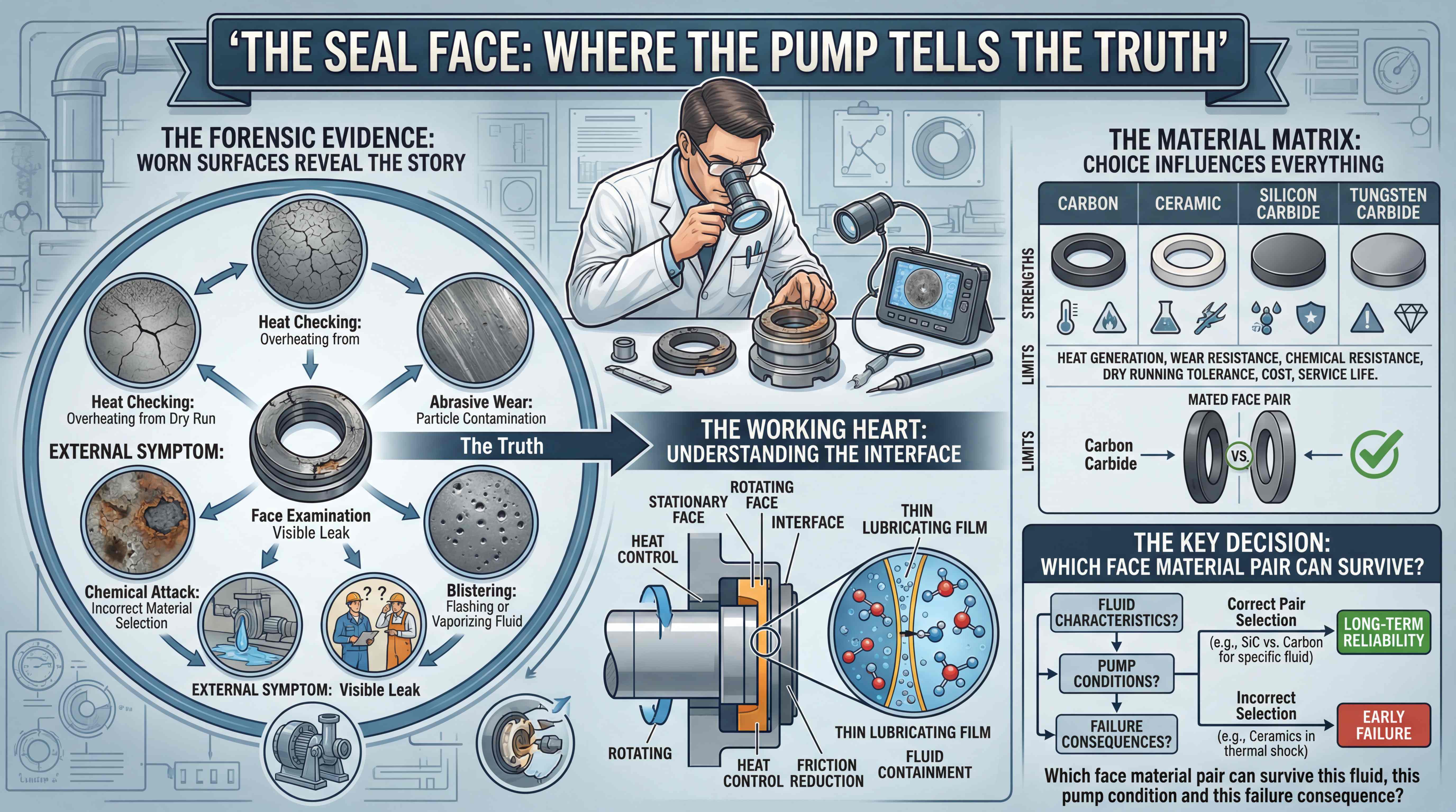Mechanical seal face wear and material selection guide showing heat checking abrasive wear chemical attack blistering and face pair decision logic